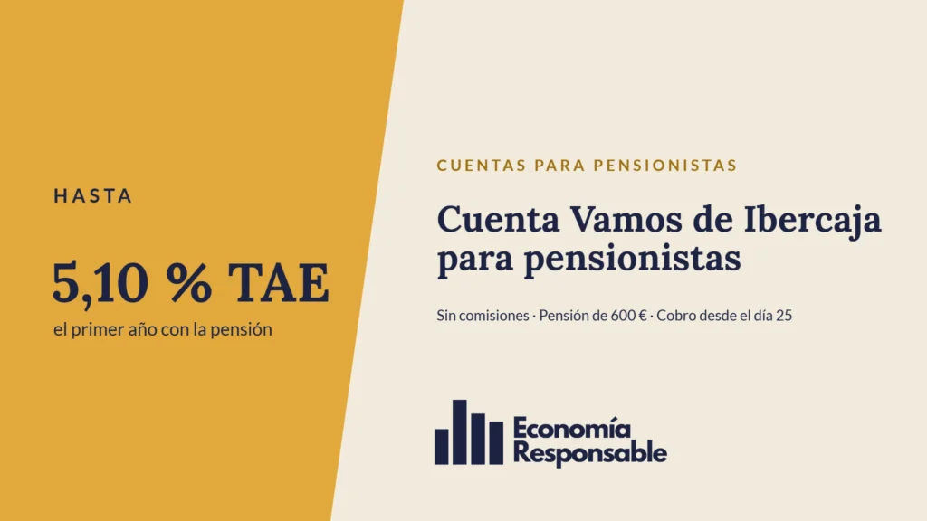 Cuenta Vamos de Ibercaja para pensionistas: hasta 5,10 % TAE el primer año con la pensión. Sin comisiones · Pensión de 600 € · Cobro desde el día 25