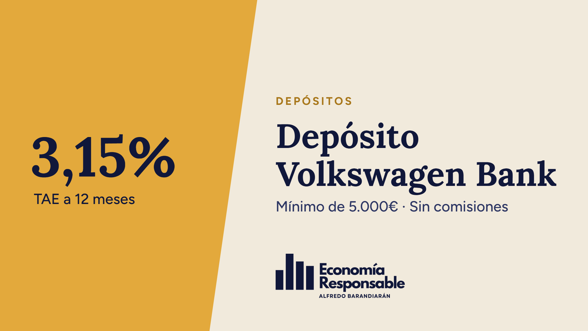 Depósito Volkswagen Bank: 3,15% TAE a 12 meses. Mínimo de 5.000€ · Sin comisiones