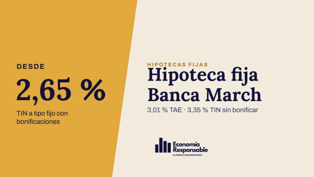 Hipoteca fija Banca March · Desde 2,65 % TIN a tipo fijo con bonificaciones · 3,01 % TAE · 3,35 % TIN sin bonificar