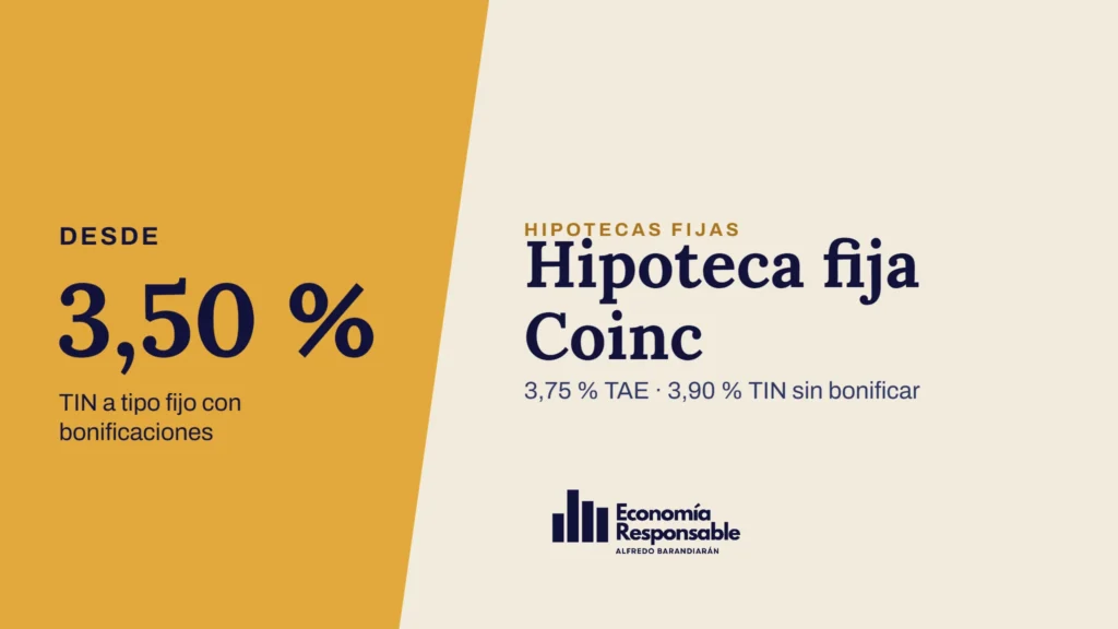 Hipoteca fija Coinc · Desde 3,50 % TIN a tipo fijo con bonificaciones · 3,75 % TAE · 3,90 % TIN sin bonificar