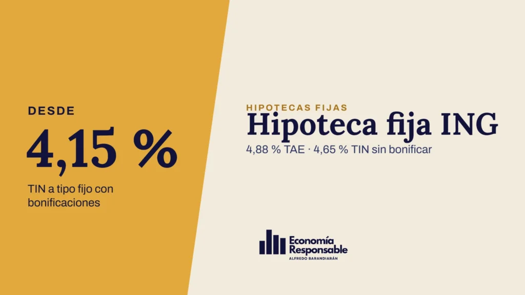 Hipoteca fija ING · Desde 4,15 % TIN a tipo fijo con bonificaciones · 4,88 % TAE · 4,65 % TIN sin bonificar