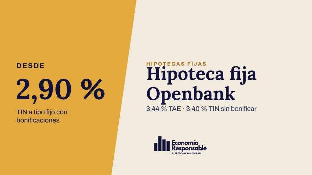 Hipoteca fija Openbank · Desde 2,90 % TIN a tipo fijo con bonificaciones · 3,44 % TAE · 3,40 % TIN sin bonificar