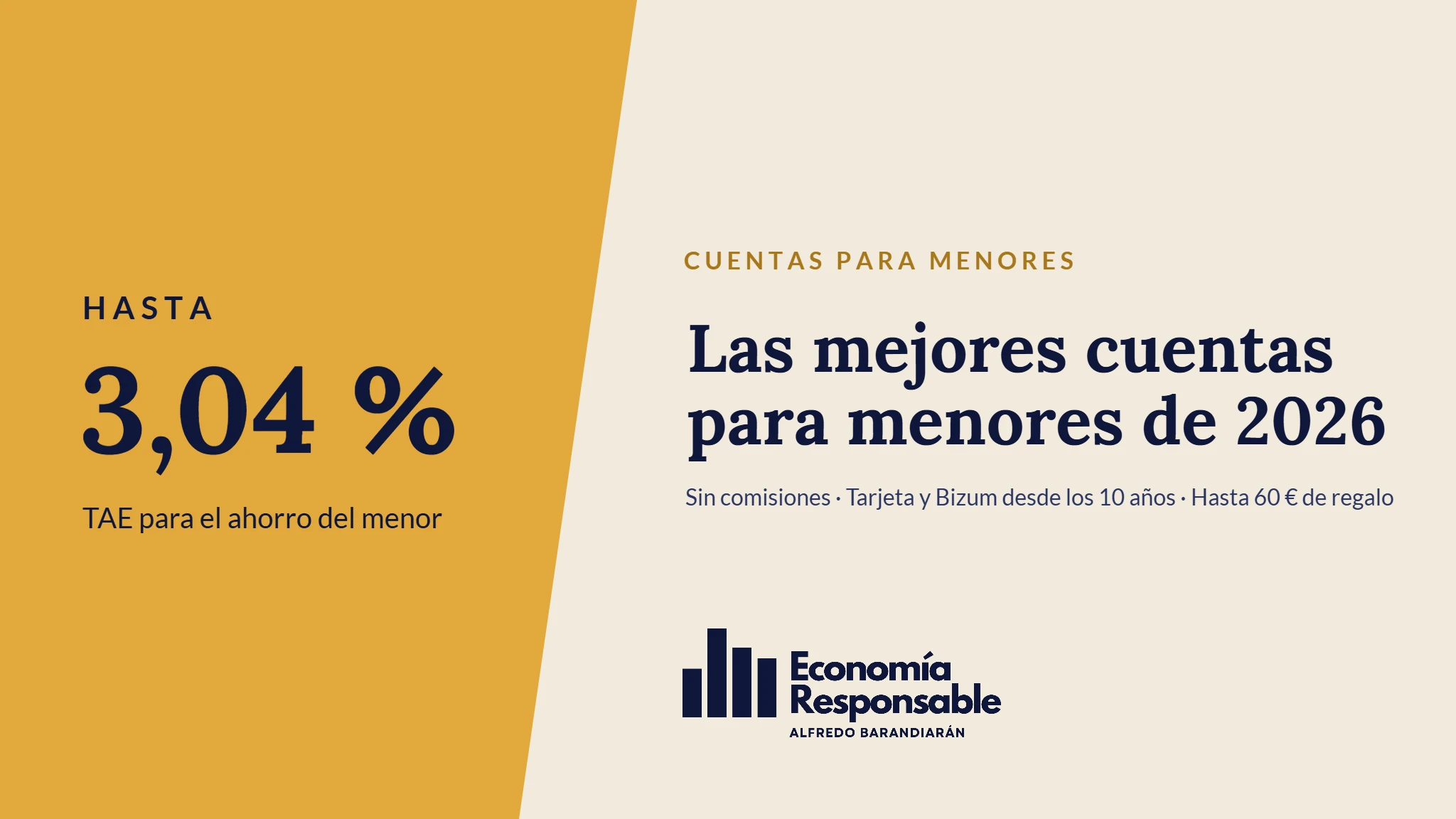Las mejores cuentas para menores de 2026: hasta 3,04 % TAE para el ahorro del menor. Sin comisiones · Tarjeta y Bizum desde los 10 años · Hasta 60 € de regalo