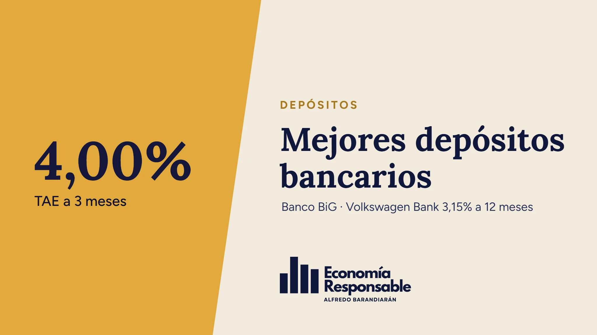 Mejores depósitos bancarios: 4,00% TAE a 3 meses. Banco BiG · Volkswagen Bank 3,15% a 12 meses