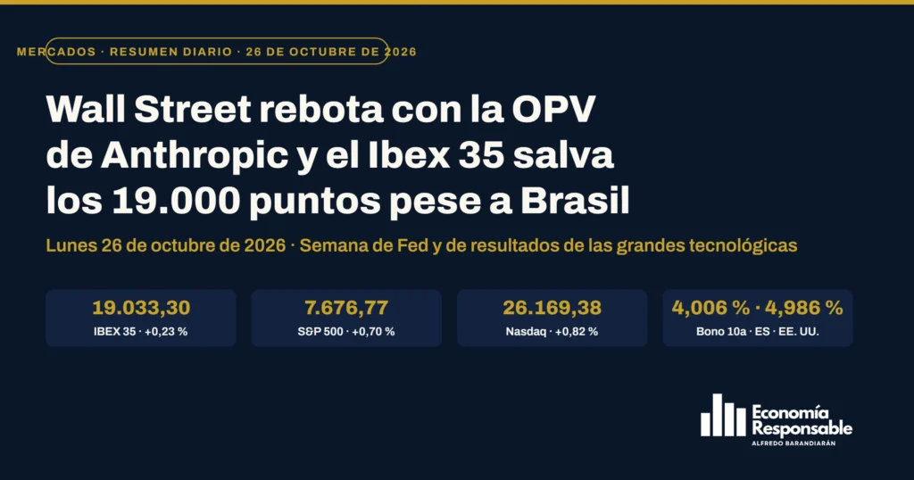 Mercados hoy, 26 de octubre de 2026: Wall Street rebota con la OPV de Anthropic y el Ibex 35 salva los 19.000 puntos