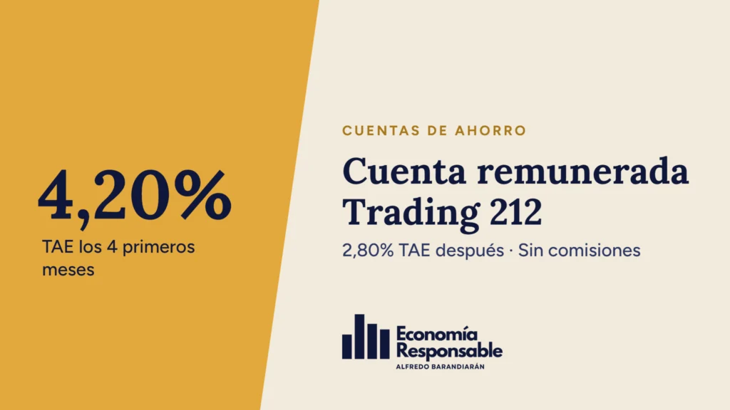 Cuenta remunerada Trading 212: 4,20% TAE los 4 primeros meses. 2,80% TAE después · Sin comisiones